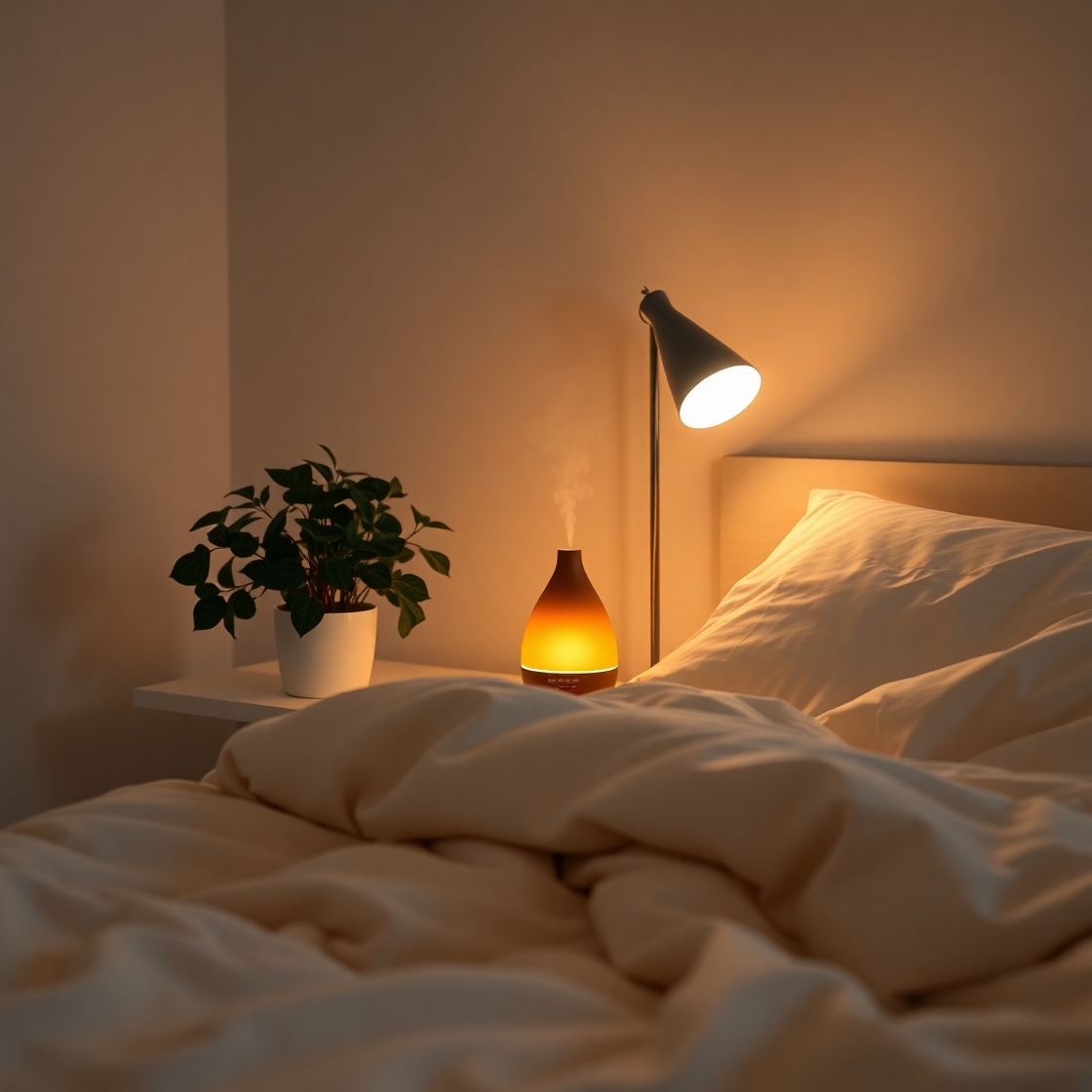 Calm bedroom setup with dim lights and lavender oil